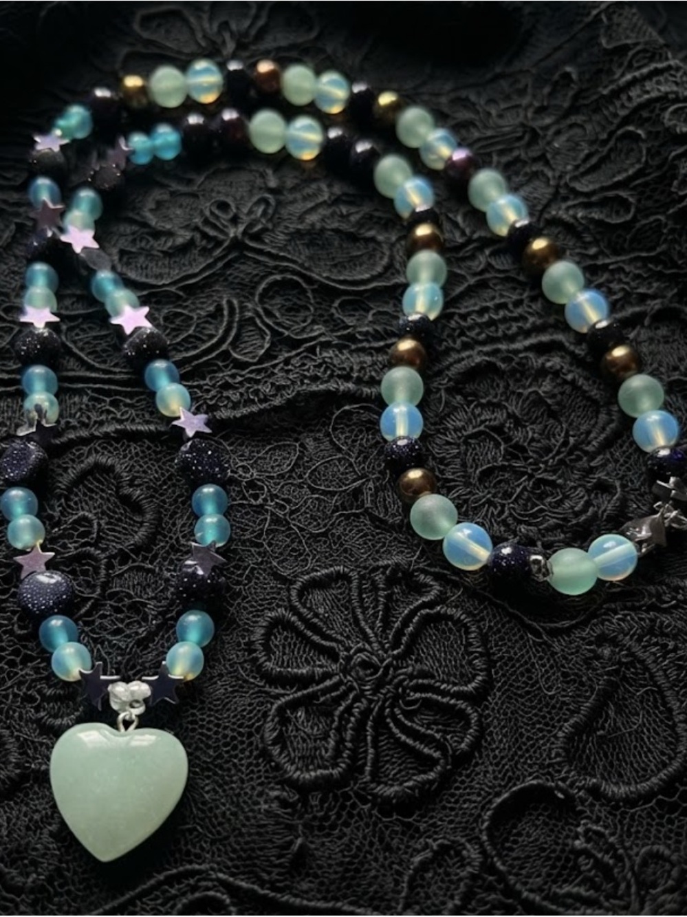 Mint Heart Beaded Necklace with Aqua and Navy Accents